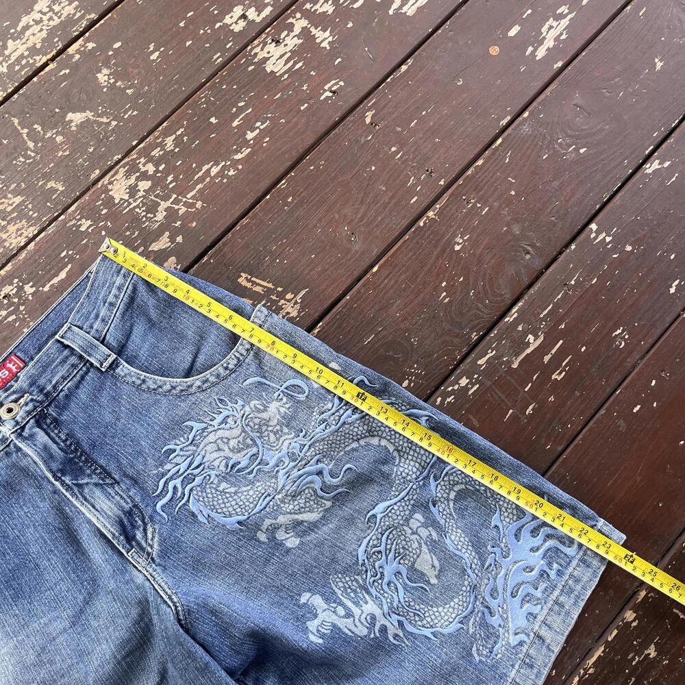 (32) Vintage 90s Y2K JNCO Jeans Jean Shorts Jorts Dragon Embroidered Baggy Skate - Picture 6 of 8